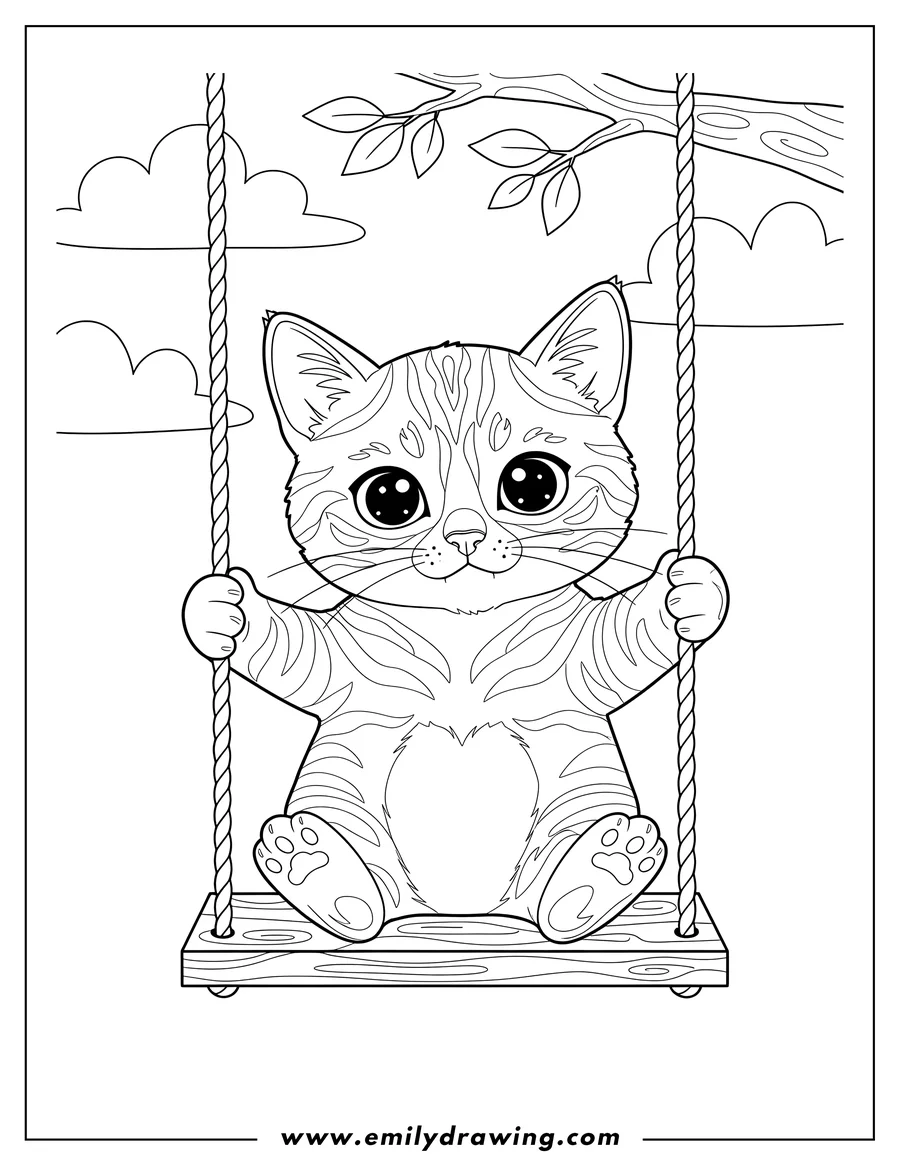 PDF style coloring page: tabby Kitten sitting on a swing, holding the ropes, with big, round eyes