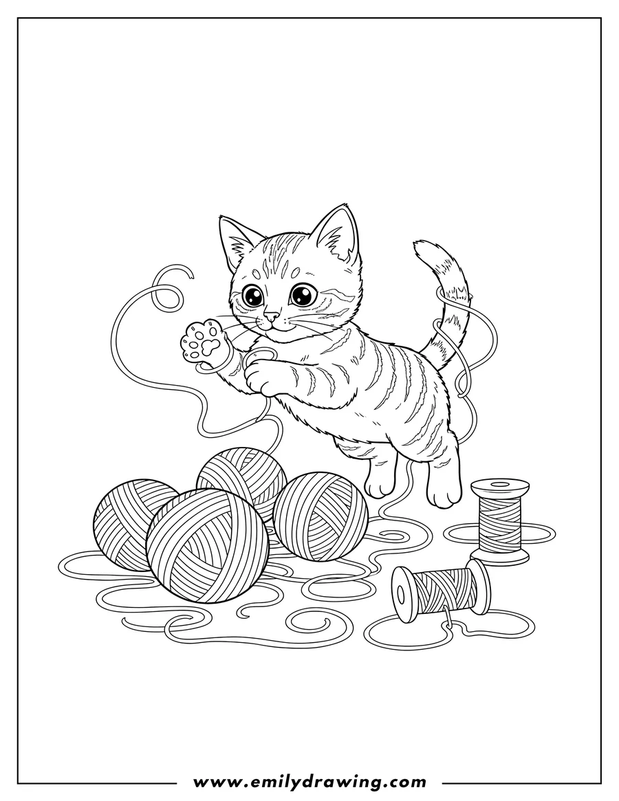 Linear illustration of A curious tabby kitten batting at unraveling rolls and threads