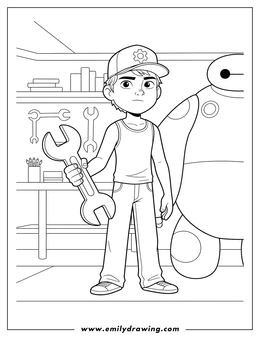 Coloring page of tadashi Hamada wearing a cap and tank top, holding a wrench, standing in front of Baymax whose hand is visible