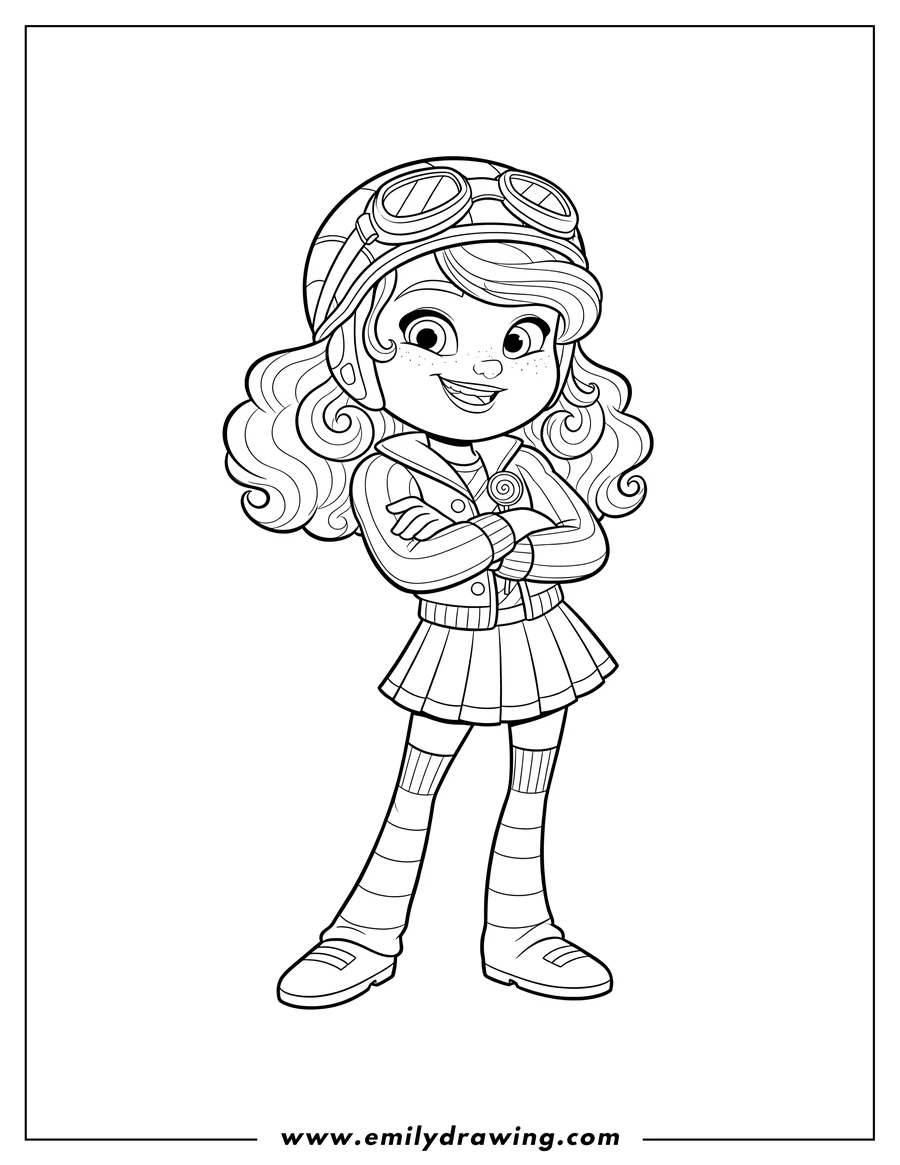 Free printable coloring sheet of taffyta Muttonfudge standing with arms crossed and smiling