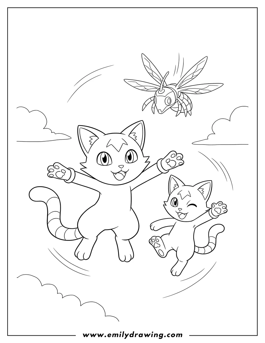 Vector style outline of digimon Tailmon (smiling, limbs spread), winking Tailmon, and Hornetstar falling from the sky