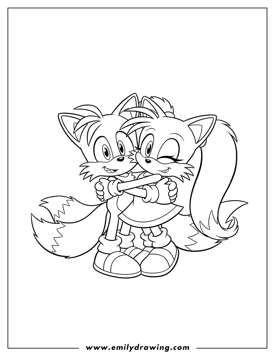 Coloring page of tails And Zooey Love, hugging with Zooey winking
