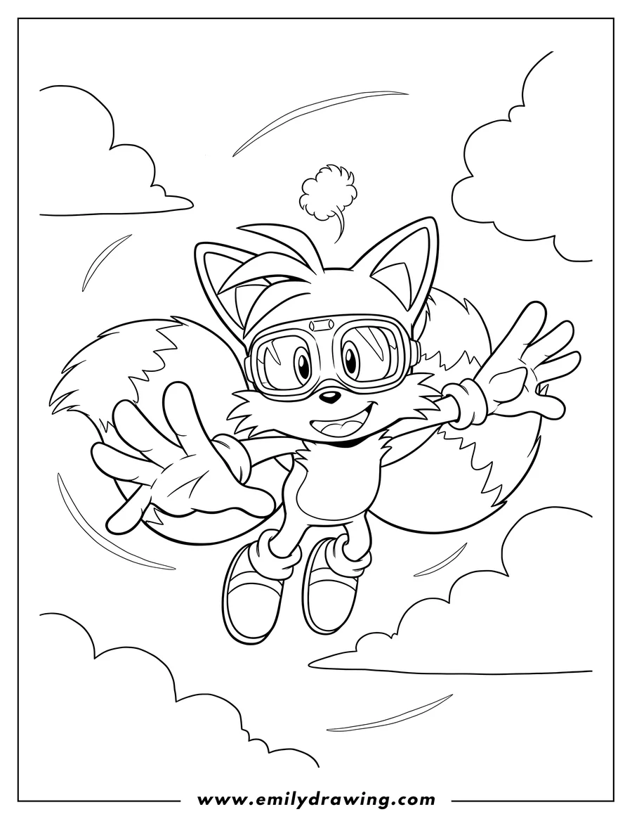 Doodle style coloring picture of tails Flying Sky, wearing goggles and looking happy