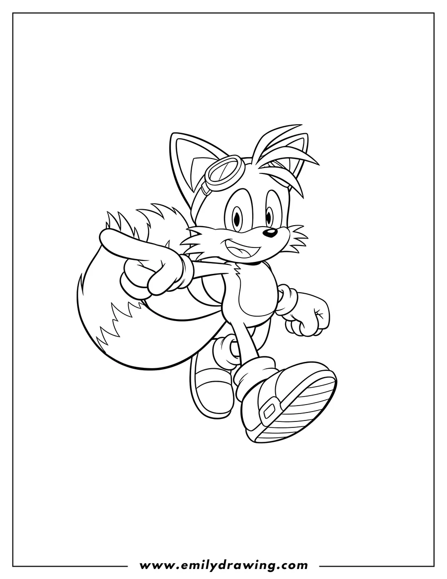 Clean line drawing: tails smiling, pointing, and walking forward