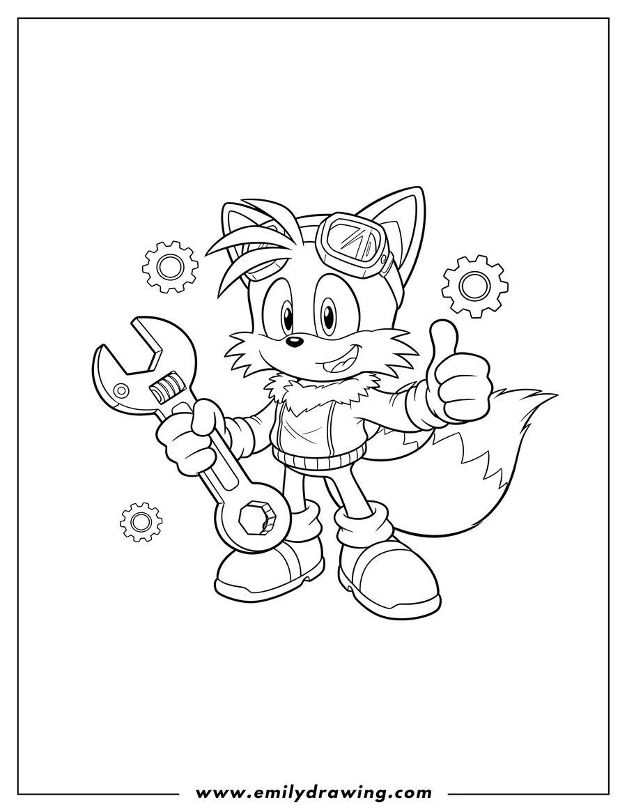 Printable line art of tails wearing goggles, smiling, and holding a wrench