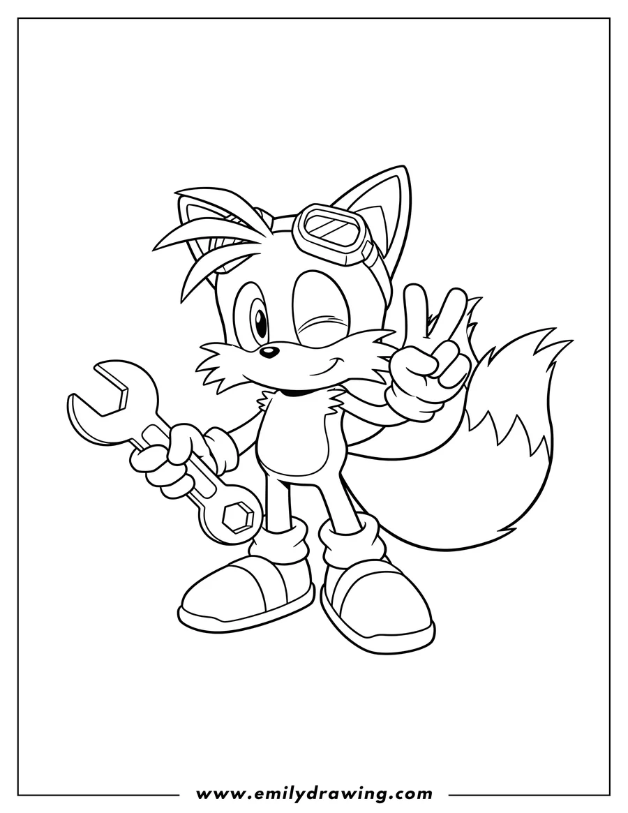 High quality printable tails winking, doing a peace sign, holding a wrench, and wearing goggles outline for coloring
