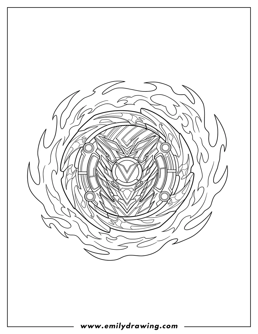 PDF style coloring page: takara Tomy Beyblade Burst Valtryek with fiery aura