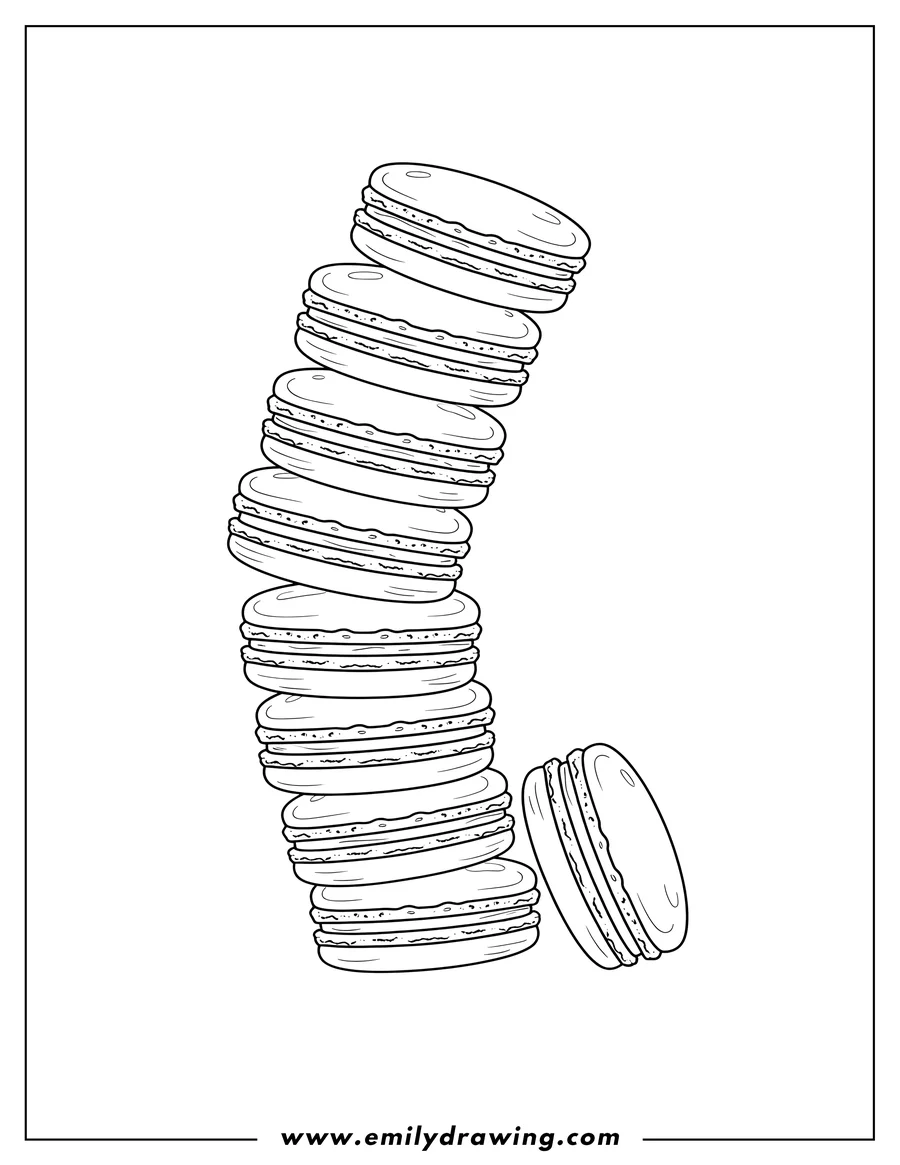 Black and white line art of macaroons Scaled: a tall stack and a leaning macaroon