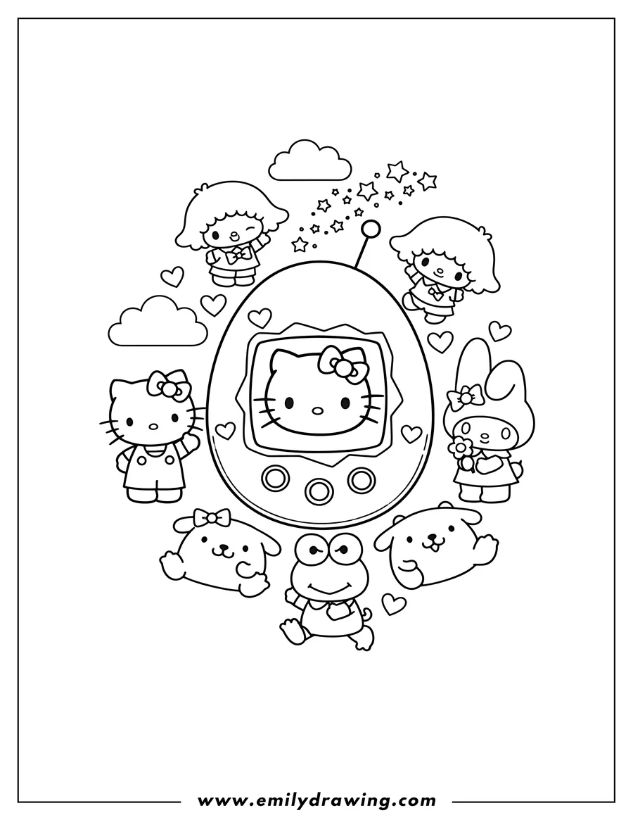 Full page coloring image of tamagotchi device surrounded by Sanrio characters, with a character on its screen