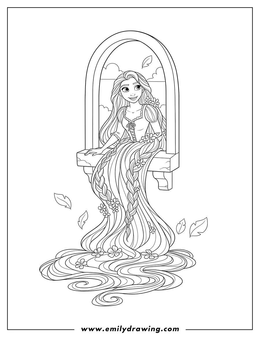 Outline drawing of tangled Rapunzel looking out of her tower window with long flowing hair