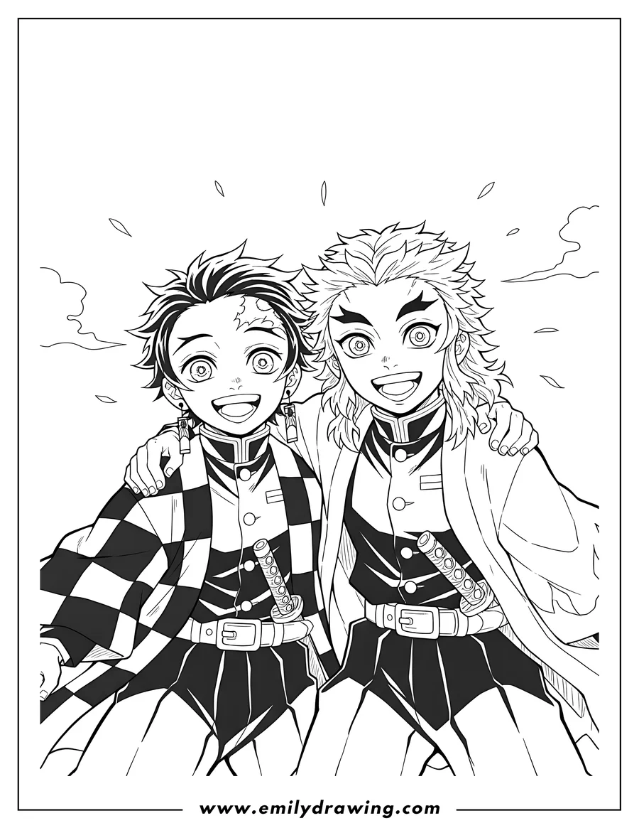 Printable line art of tanjiro Kamado and Kyojuro Rengoku smiling together