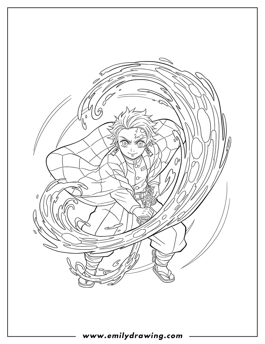 Printable line art of close Up Tanjiro using a breathing technique