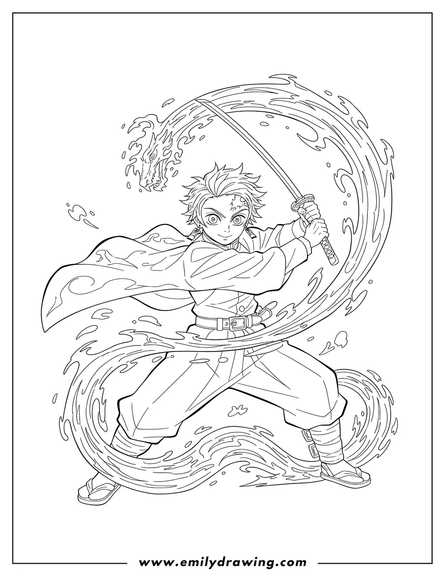 Downloadable coloring page of tanjiro in a dynamic battle pose with his sword, using Water Breathing techniques
