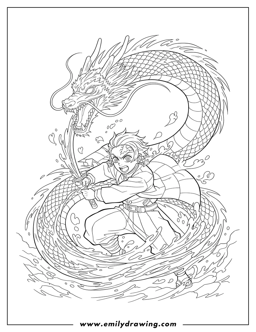 Doodle style coloring picture of tanjiro's Constant Flux Technique, with him shouting and attacking with his sword, accompanied by a fierce water dragon