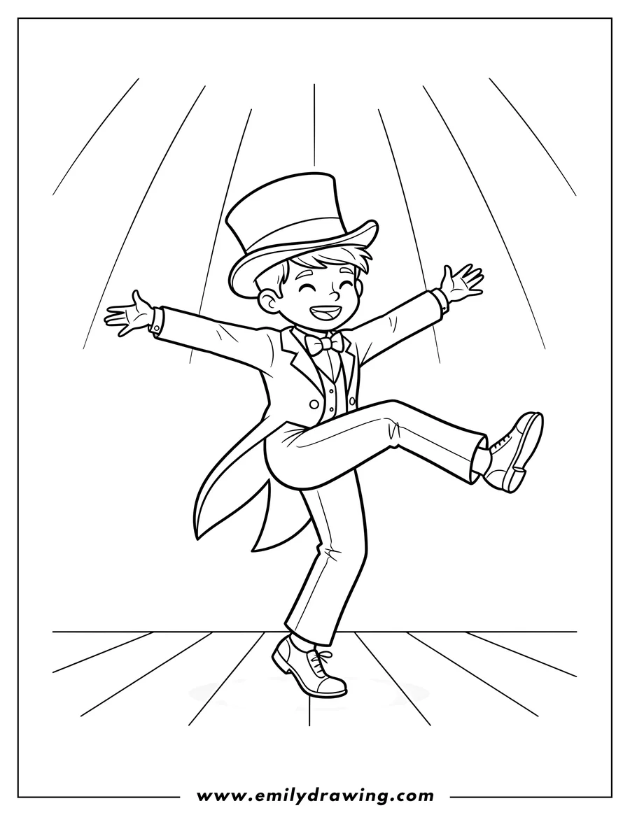 Coloring sheet featuring tap Dancer in a Top Hat and Tailcoat, striking a dynamic pose, performing under stage lights