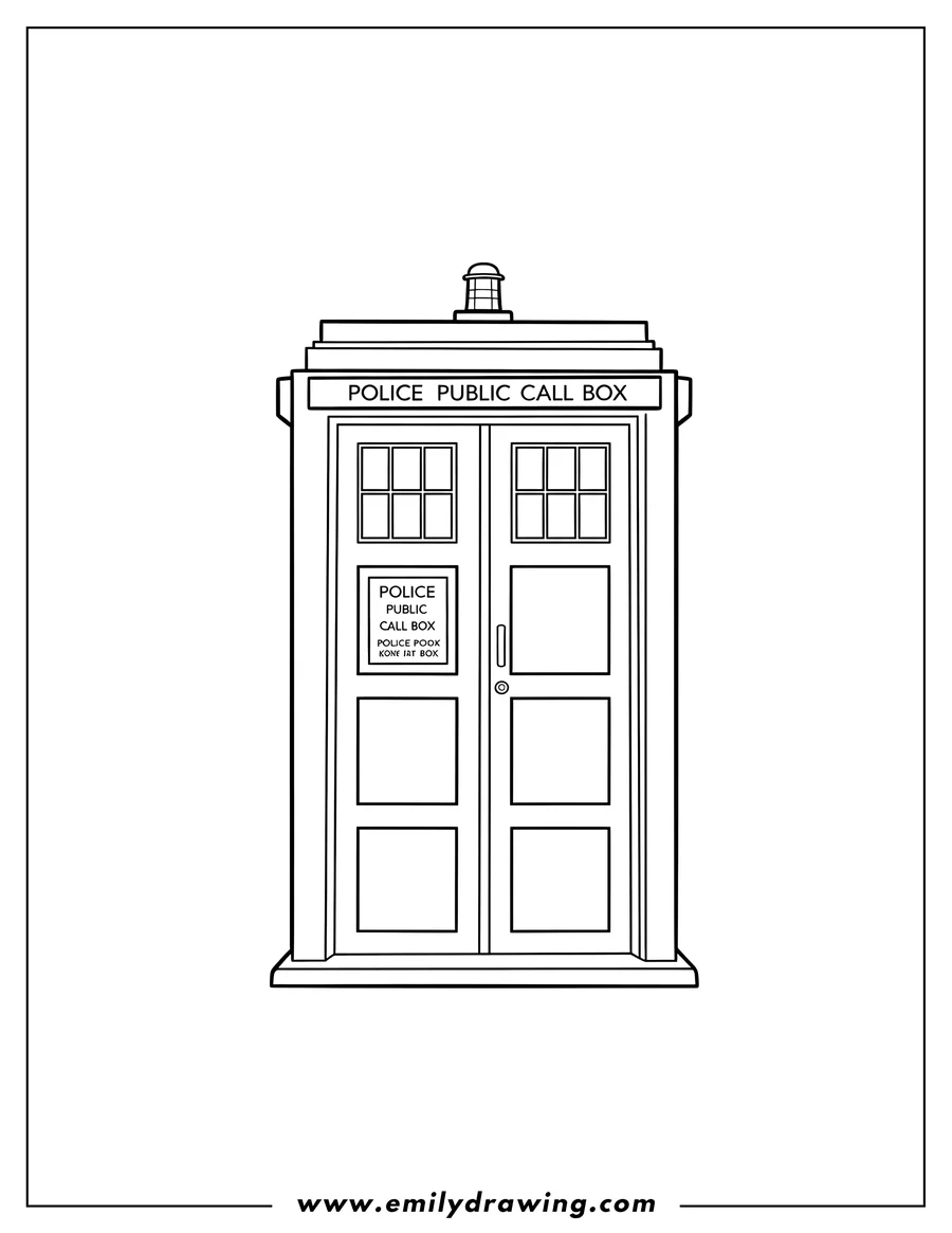 Vector style outline of tardis Police Box Doctor Who, with visible 'Police Public Call Box' signs