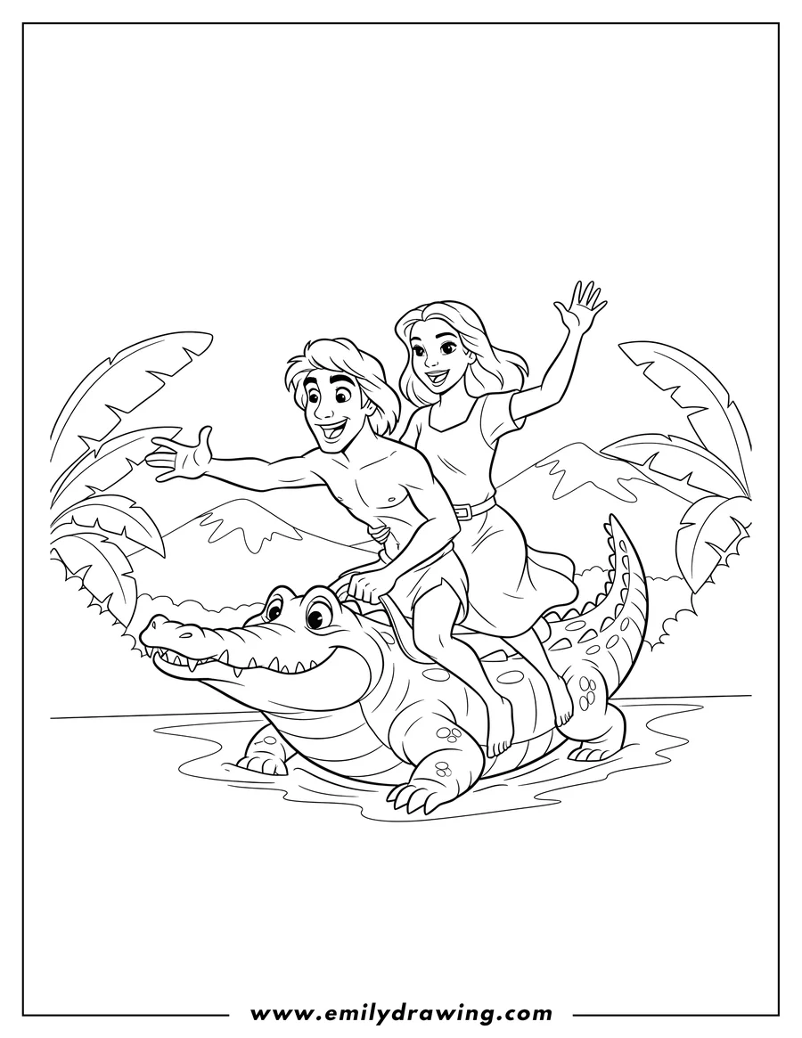 Coloring page of tarzan And Jane happily riding a crocodile, Tarzan reaching out