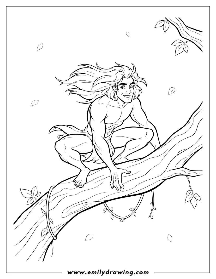 Coloring page for kids: tarzan crouching and dynamically sliding across a tree branch with flowing hair