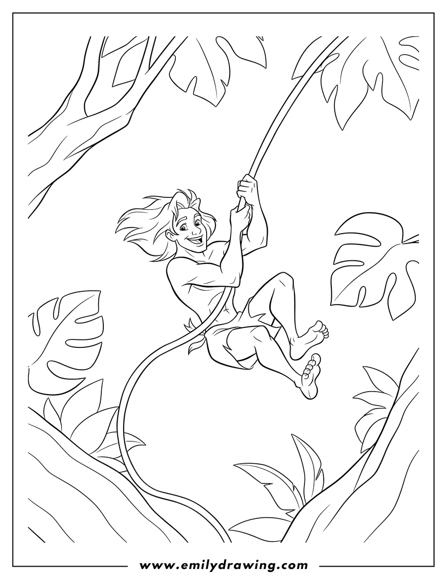 Coloring sheet featuring tarzan Disney swinging