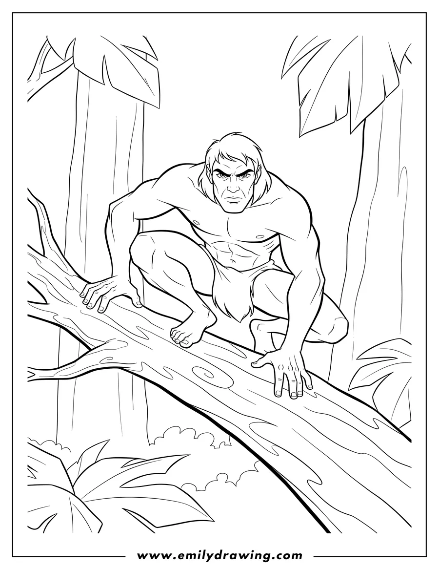 High quality printable tarzan with a serious expression, crouching on a tree branch for coloring