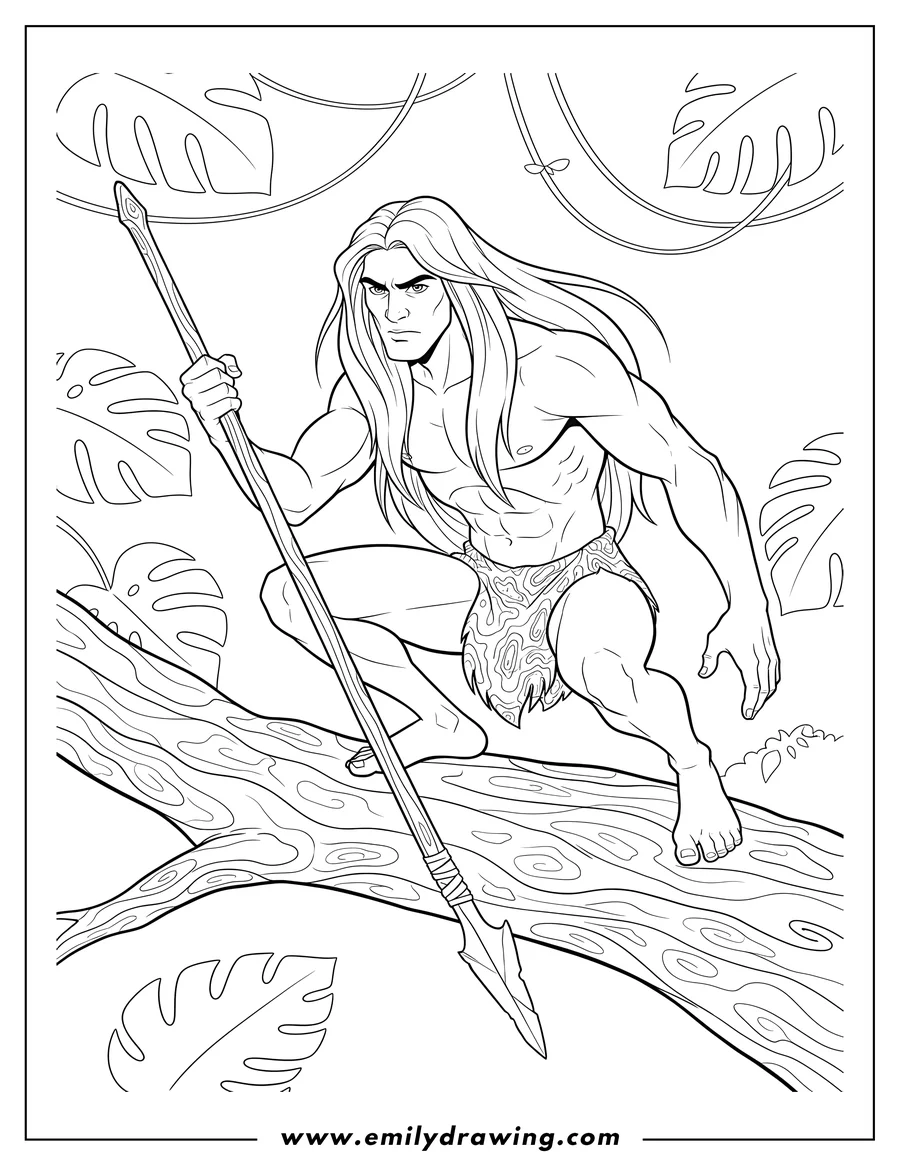 Doodle style coloring picture of tarzan with long hair and a serious expression, wearing a loincloth, holding a spear while crouched on a tree branch