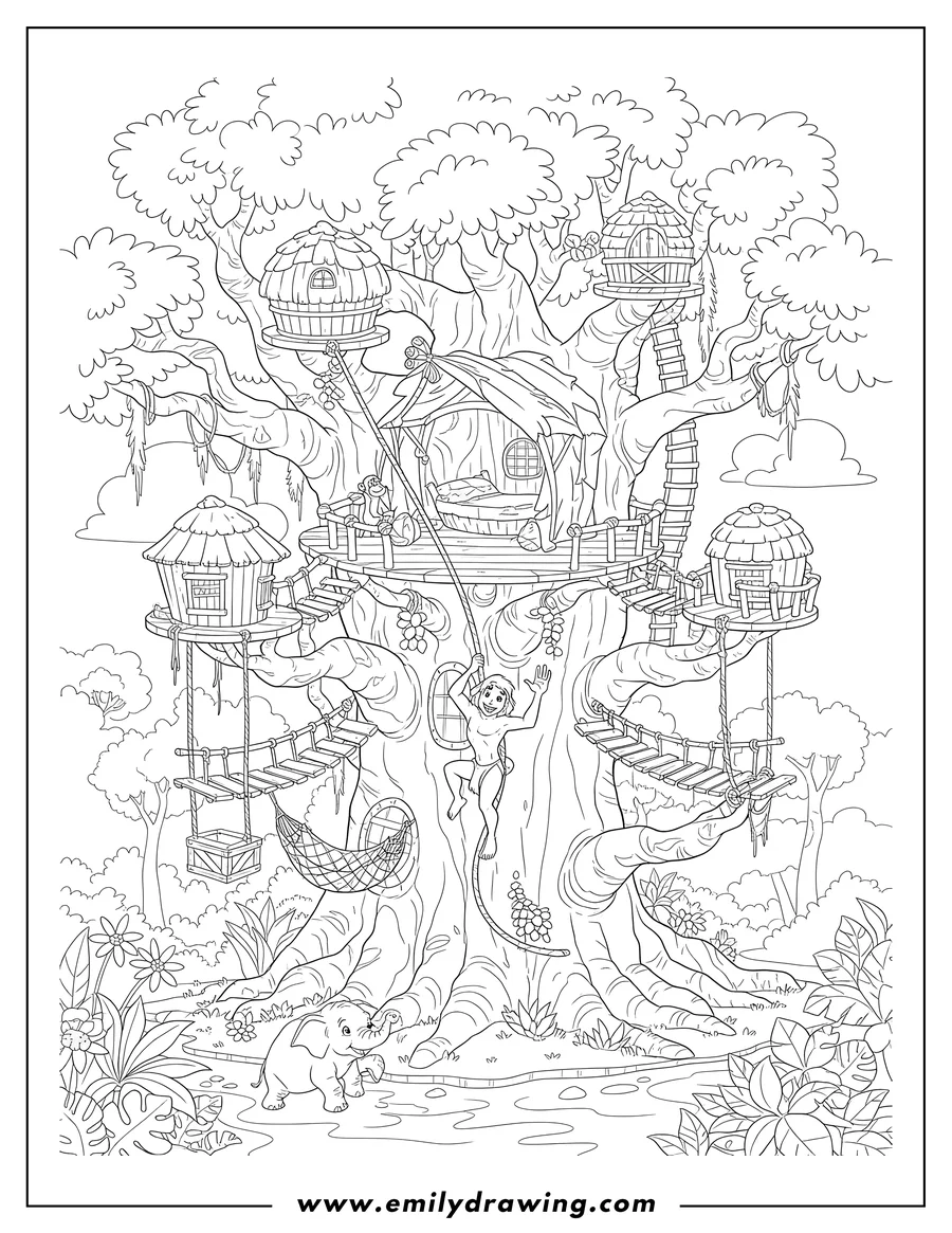 Outline drawing of tarzan's multi-level treehouse with bridges and towers in a jungle