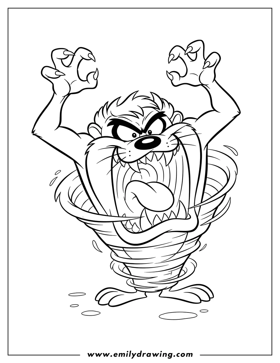 Printable coloring page of tasmanian Devil From Looney Tunes roaring with arms raised