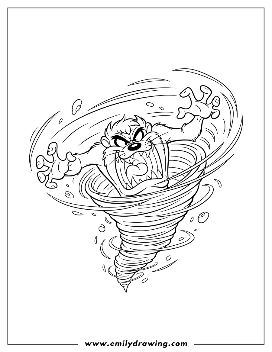 Full page coloring image of tasmanian Devil (Taz) from Looney Tunes in a tornado spin, roaring with an angry face and outstretched claws