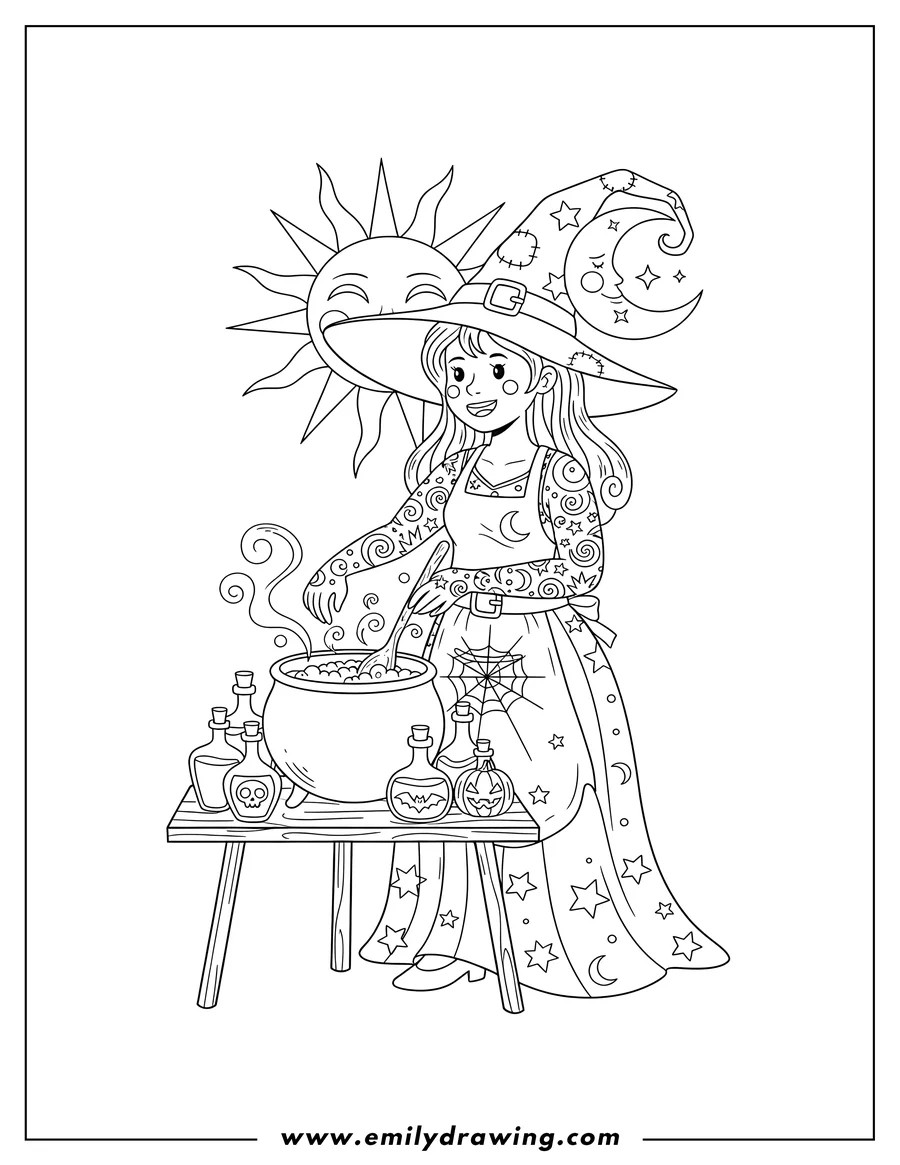 Clean line drawing: tattooed Witch wearing a wide-brimmed hat, stirring a cauldron with potion bottles, Sun And Moon Background Halloween Adults