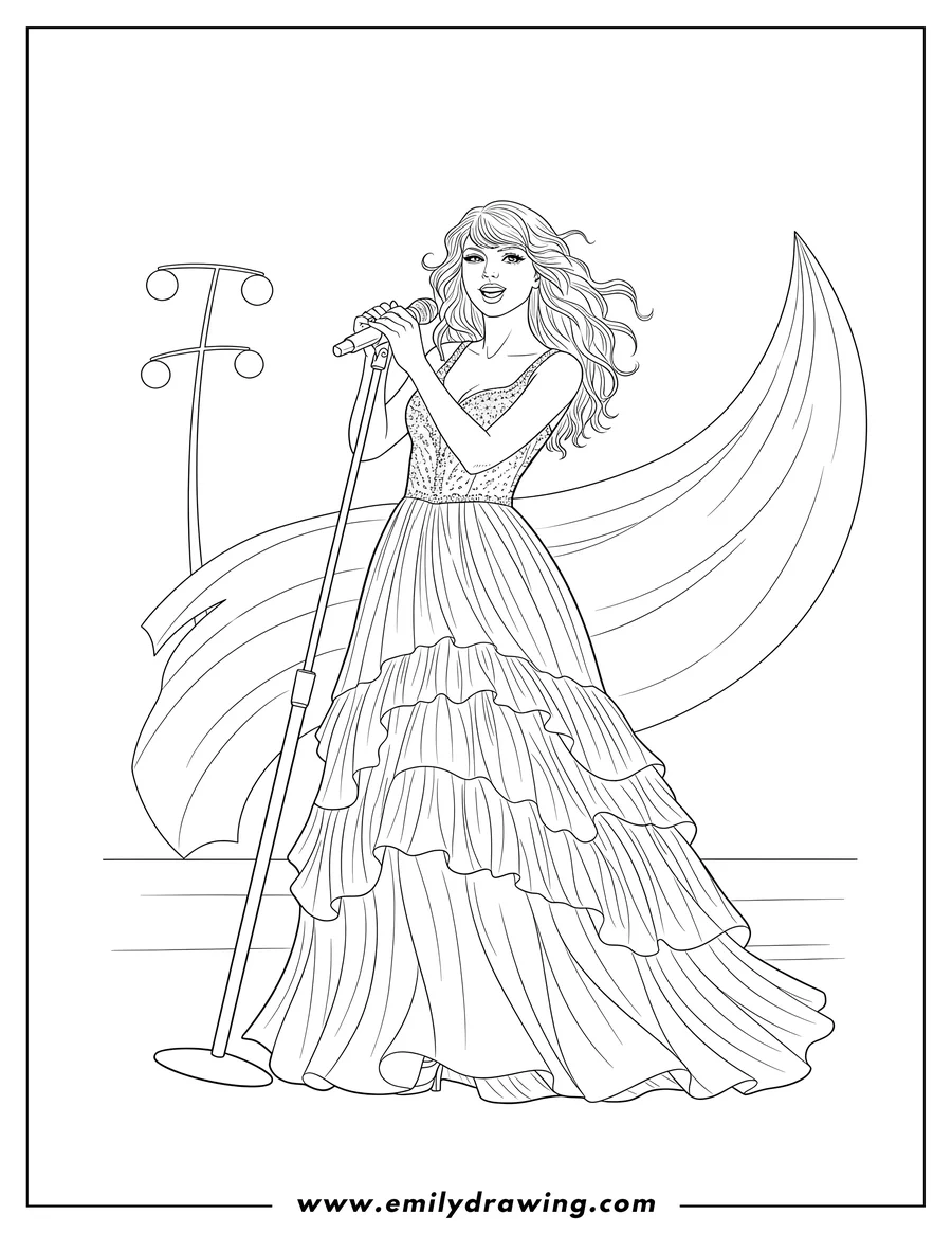 Black and white line art of taylor Swift Fearless Tour, wearing a long dress and holding a microphone stand
