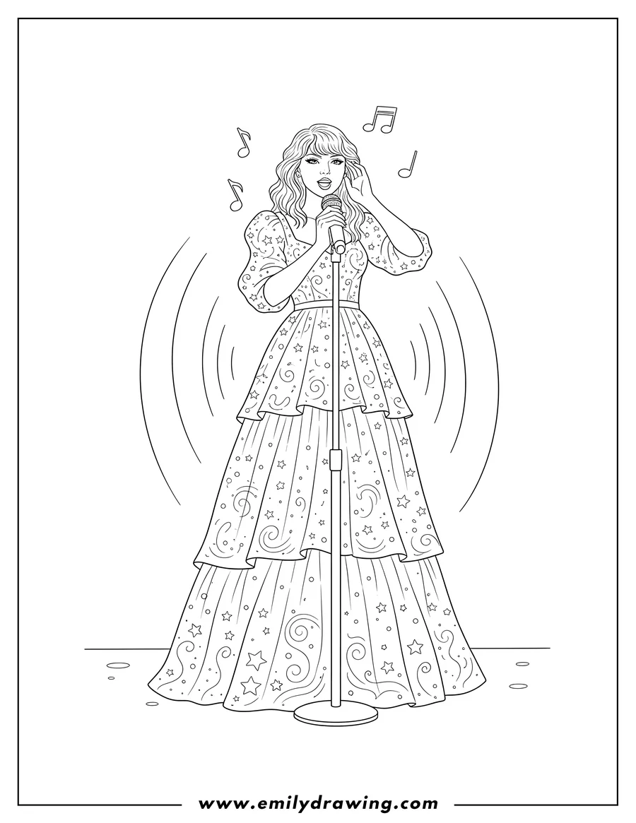 Coloring sheet featuring taylor Swift in a beautiful dress, holding a microphone and singing