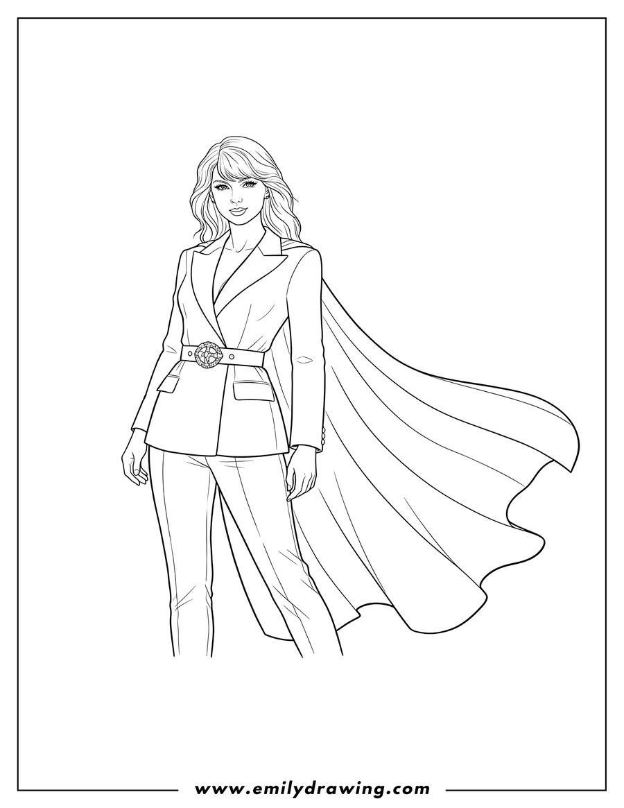 Downloadable coloring page of taylor Swift standing in a belted suit with a flowing cape