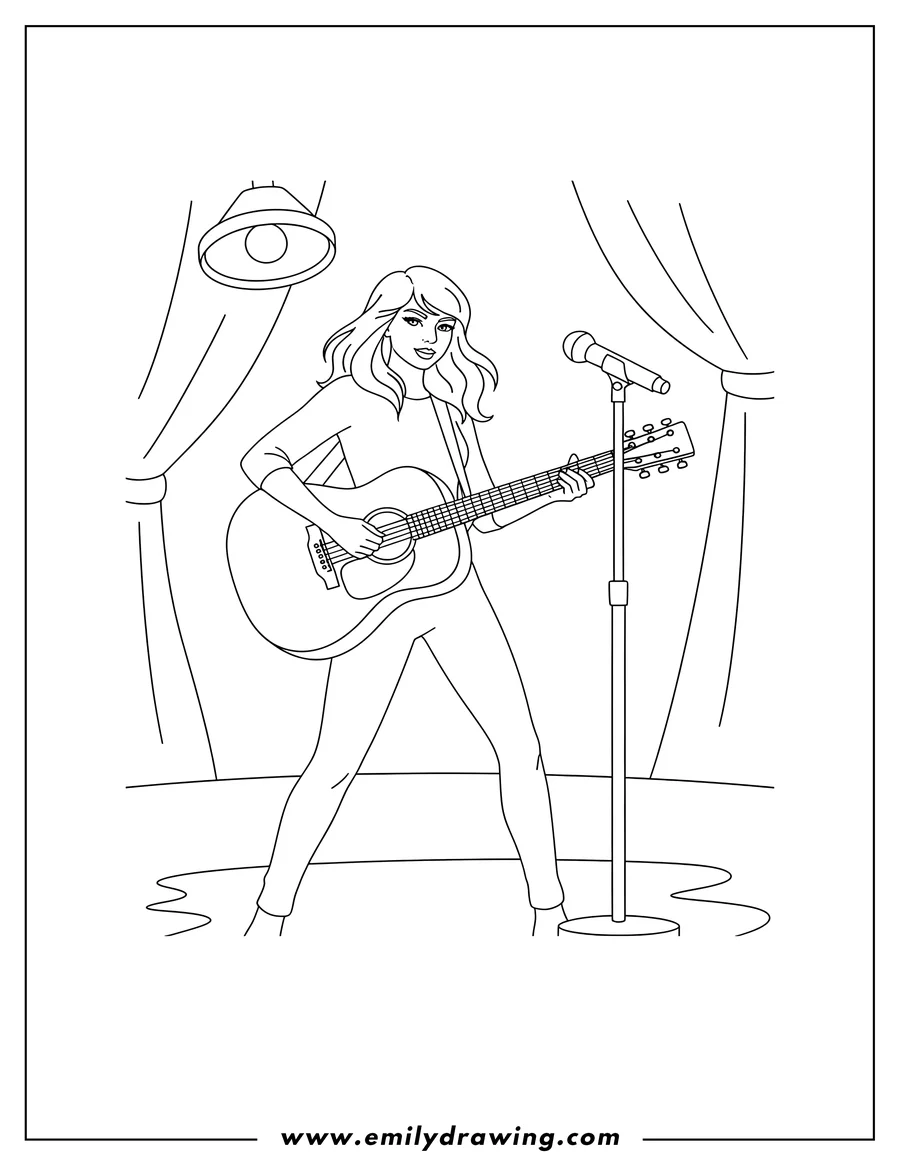 Black and white line art of taylor Swift playing an acoustic guitar while standing next to a microphone to color