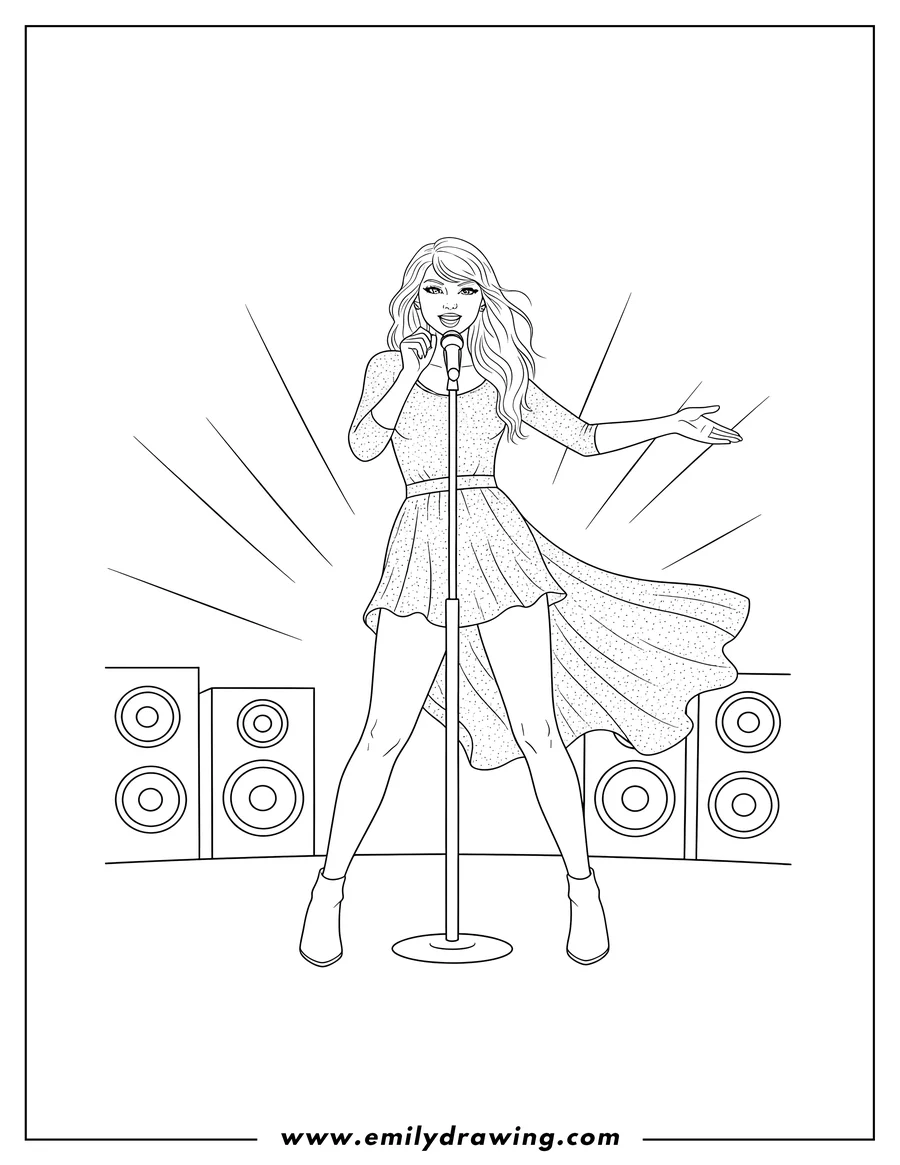Linear illustration of taylor Swift singing into a microphone and gesturing, to color