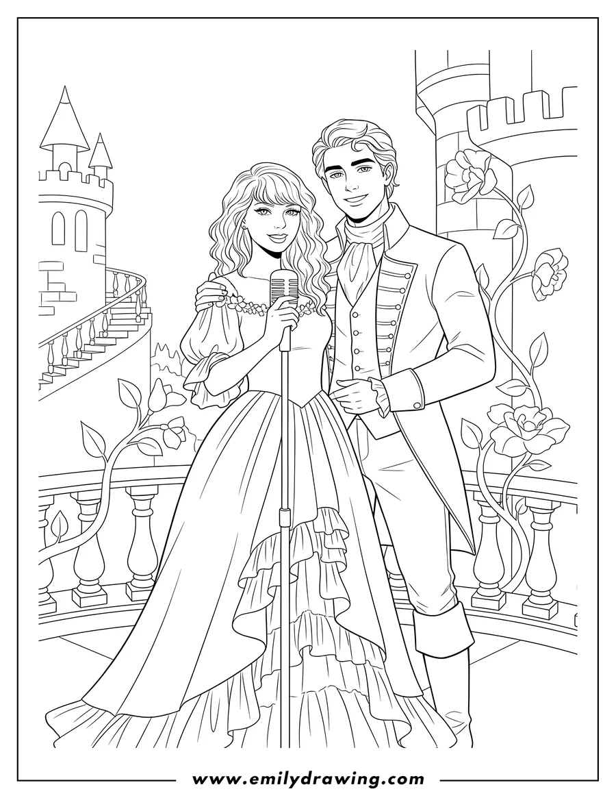 Coloring page for kids: taylor Swift singing into a microphone, with a man whose arm is around her, for a Love Story coloring page