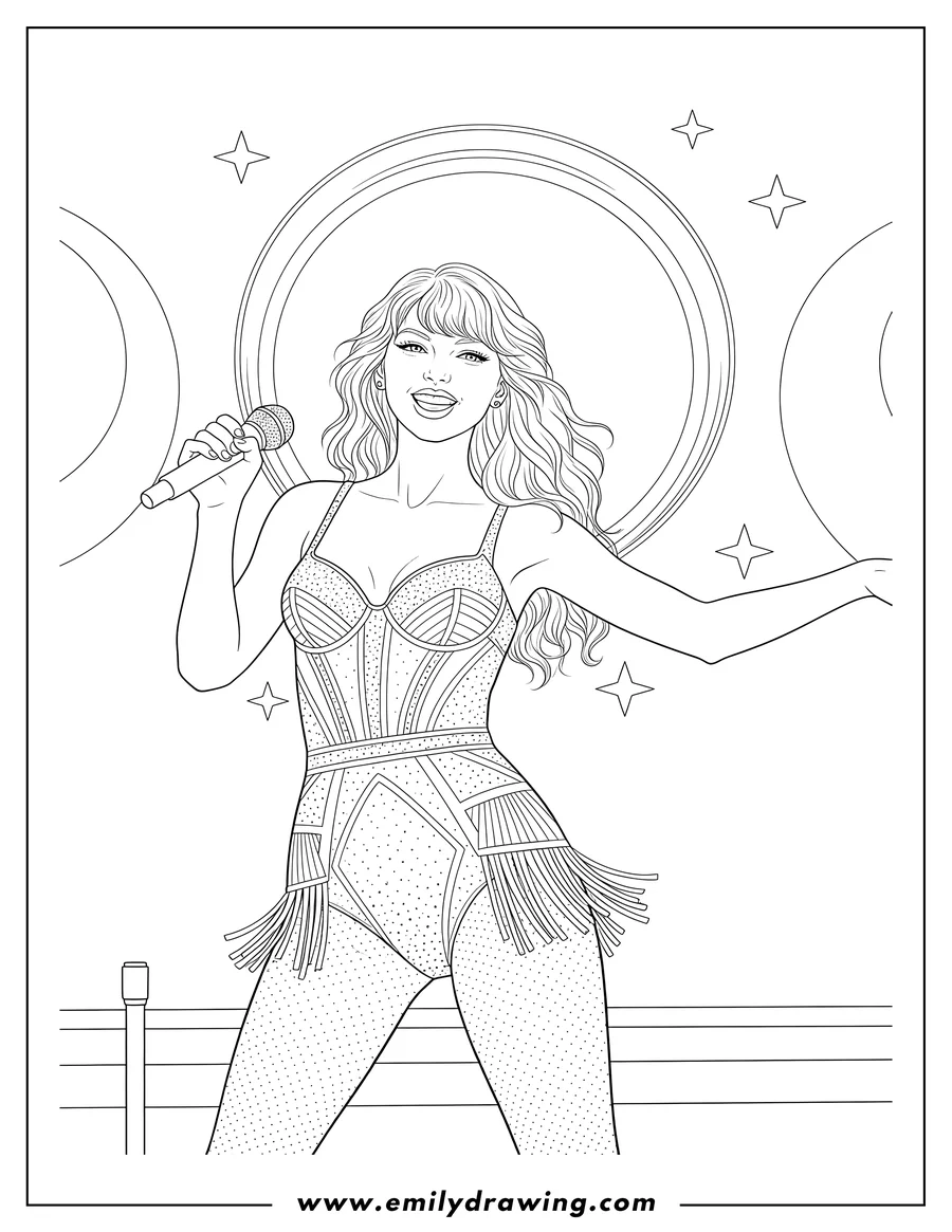 Doodle style coloring picture of taylor Swift Smiling During Performance, wearing a sparkly bodysuit and holding a microphone