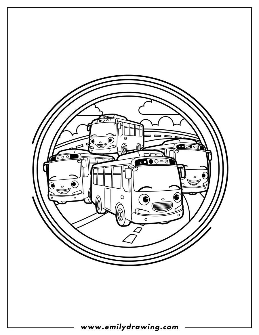 Coloring sheet featuring tayo Station circular logo with buses