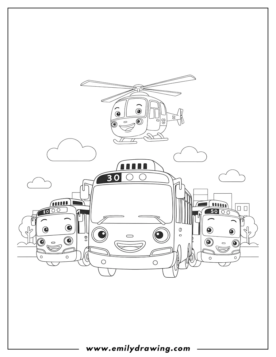 Black and white line art of tayo Tv: Tayo and his bus friends smiling, with a helicopter