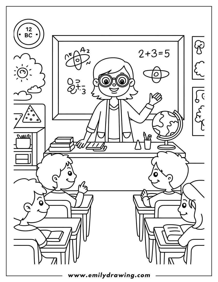 Doodle style coloring picture of teacher