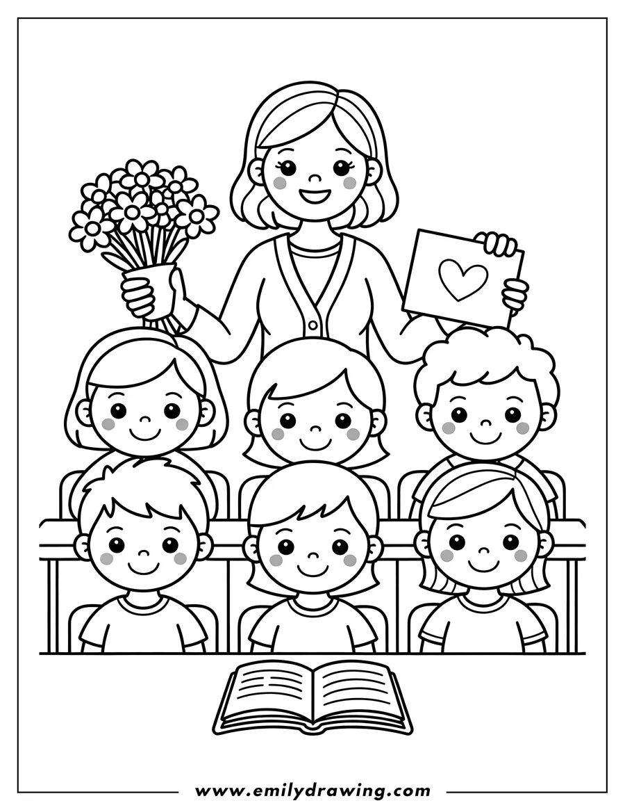 Coloring sheet featuring teacher