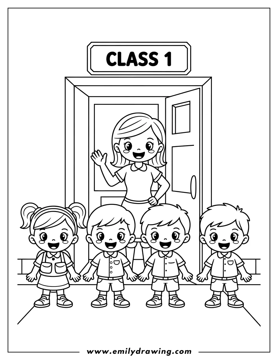 Black and white line art of teacher