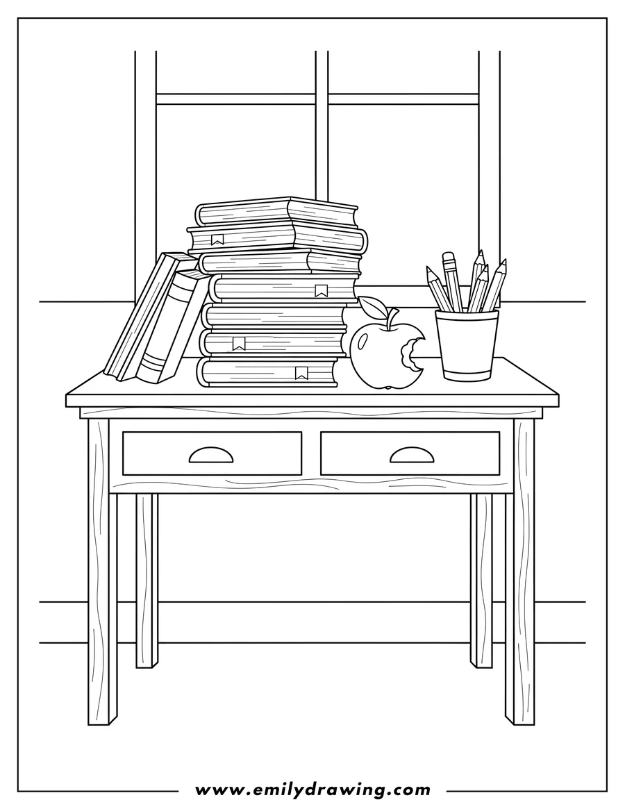 Clean line drawing: teachers Desk With Stack Books, a Bitten Apple, and Pencils
