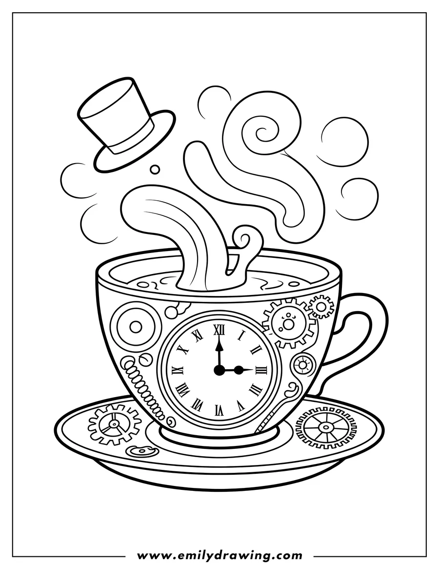 Outline of a steampunk-style teacup featuring a clock face with Roman numerals and various mechanical gears on its side and saucer. Steam rises from the cup, and a top hat floats above it.