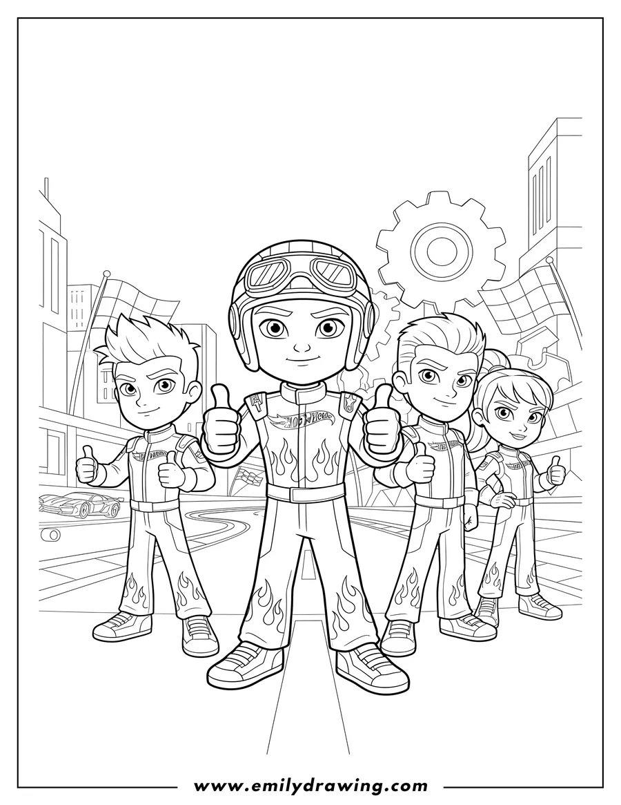 Free printable coloring sheet of team Hot Wheels On Track, four characters standing with thumbs up