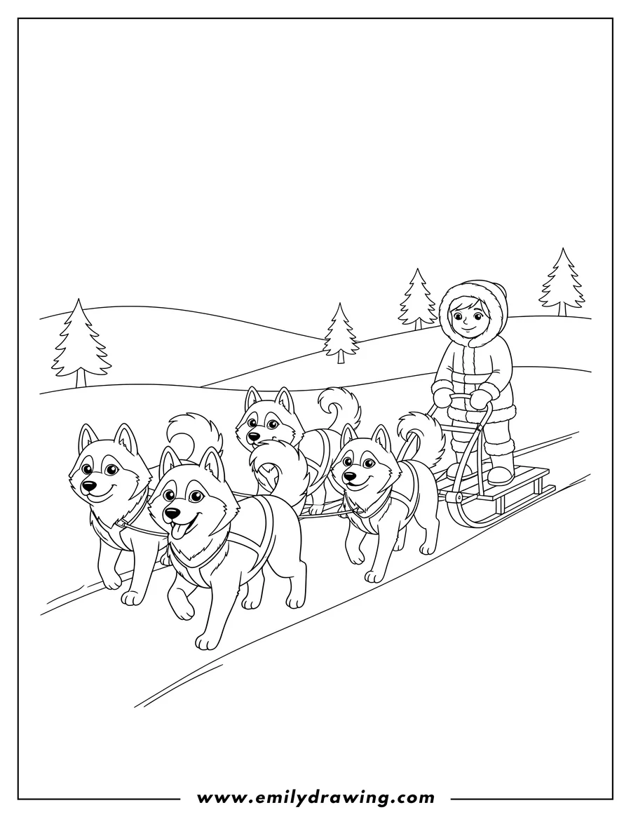 Outline drawing of A team of huskies pulling a sled with a musher