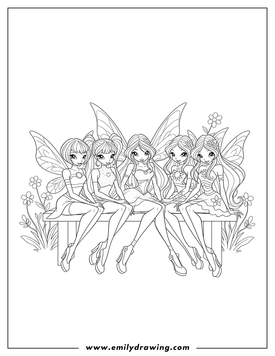Clean line drawing: tecna Musa Stella Flora And Bloom Winx Club sitting together and smiling