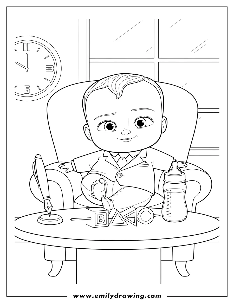 PDF style coloring page: boss Baby Ted Templeton sitting in an armchair at a table with a milk bottle, pen, and skewer of block toys