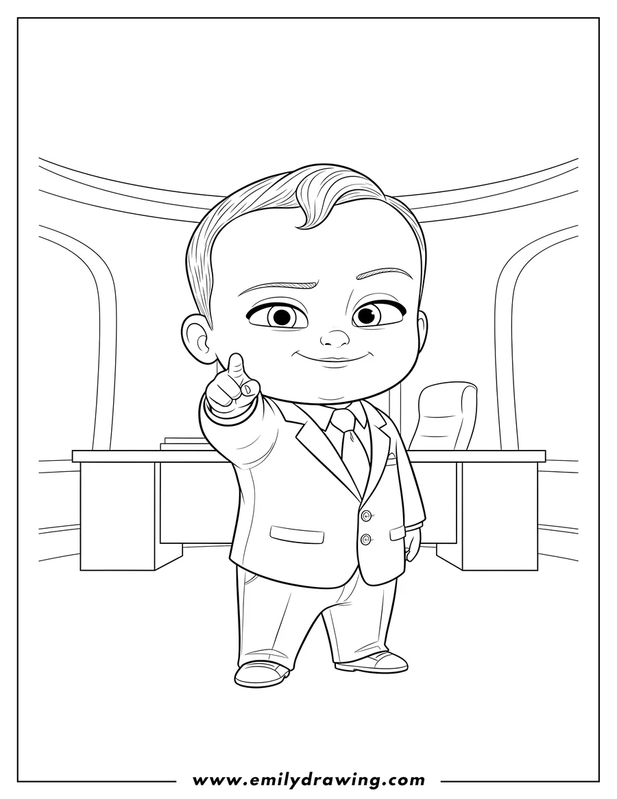 High quality printable savvy Boss Baby Ted Templeton in a suit, with a confident expression, pointing his finger for coloring