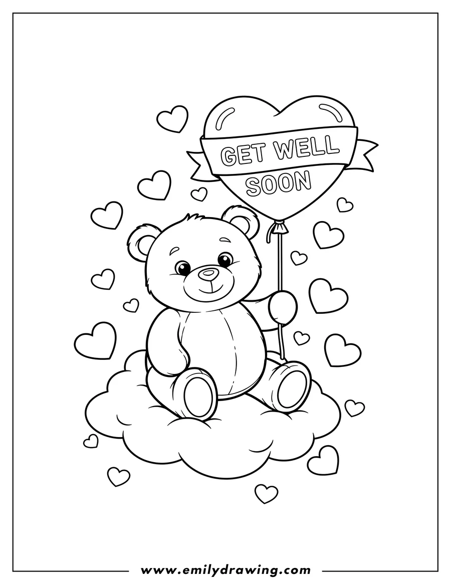Free printable coloring sheet of adorable Teddy Bear Sitting on Clouds Holding Get Well Soon Heart Balloon, surrounded by hearts