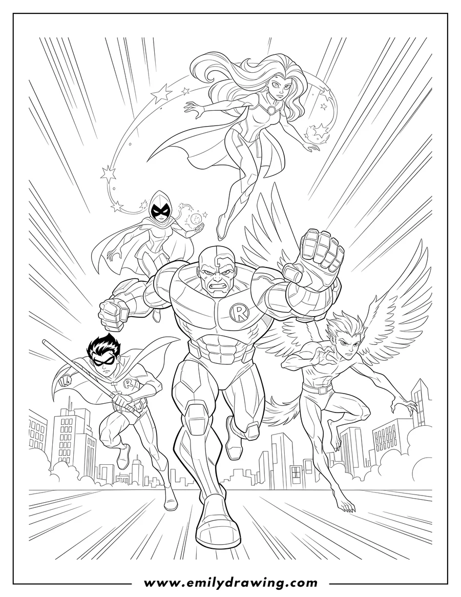 Doodle style coloring picture of teen Titans Cyborg Beast Boy Robin Raven And Starfire running and flying in action